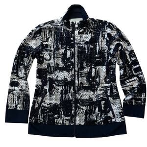 Chico's Travelers Lightweight Jacket Abstract Blue White Gray Full Zip Small (0)